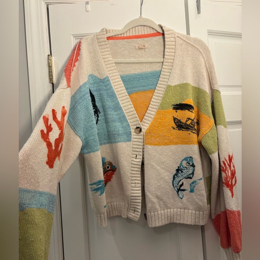 Pilcro Anthro Icon Graphic Fish Beach Cardigan Sweater Medium - Picture 5 of 7